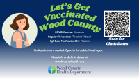 Wood County Health Dept. flyer: COVID & flu vaccines available, no appointment needed, QR code for clinic dates