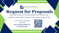 Graphic with text Wood County Health Department Community Health Center Request for Proposals — Project Lead for Northwood School-Based Health Center Planning Project. Apply by 12 PM, October 31, 2025. Link: woodcountyhealth.org/rfp-northwood-sbhc/.