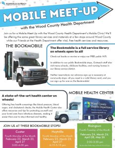 This is a flyer for the locations for the Mobile Health Center and Bookmobile