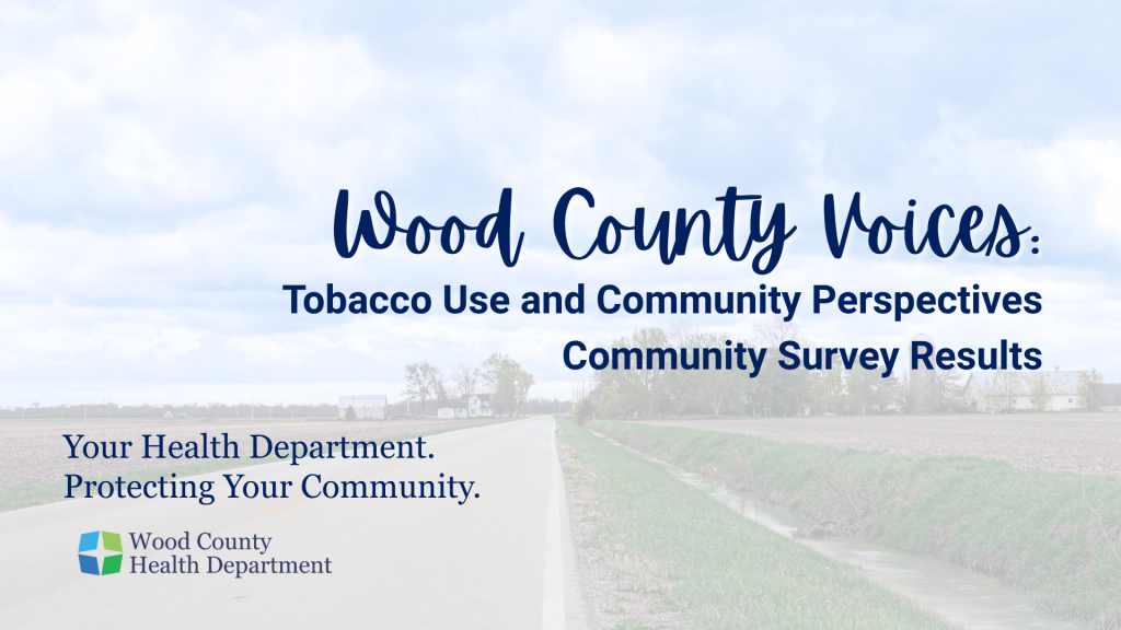 Image of a road and field with text that reads Wood County Voices Tobacco Use and Community Perspectives Community Survey Results