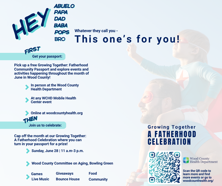 Flyer promoting Growing Together: A Fatherhood Celebration. Families are invited to pick up a free Fatherhood Community Passport during June and attend the celebration on June 28 from 11 a.m.–3 p.m. at the Wood County Committee on Aging in Bowling Green. Activities include games, live music, giveaways, a bounce house, food, and community resources. A QR code links to additional information.